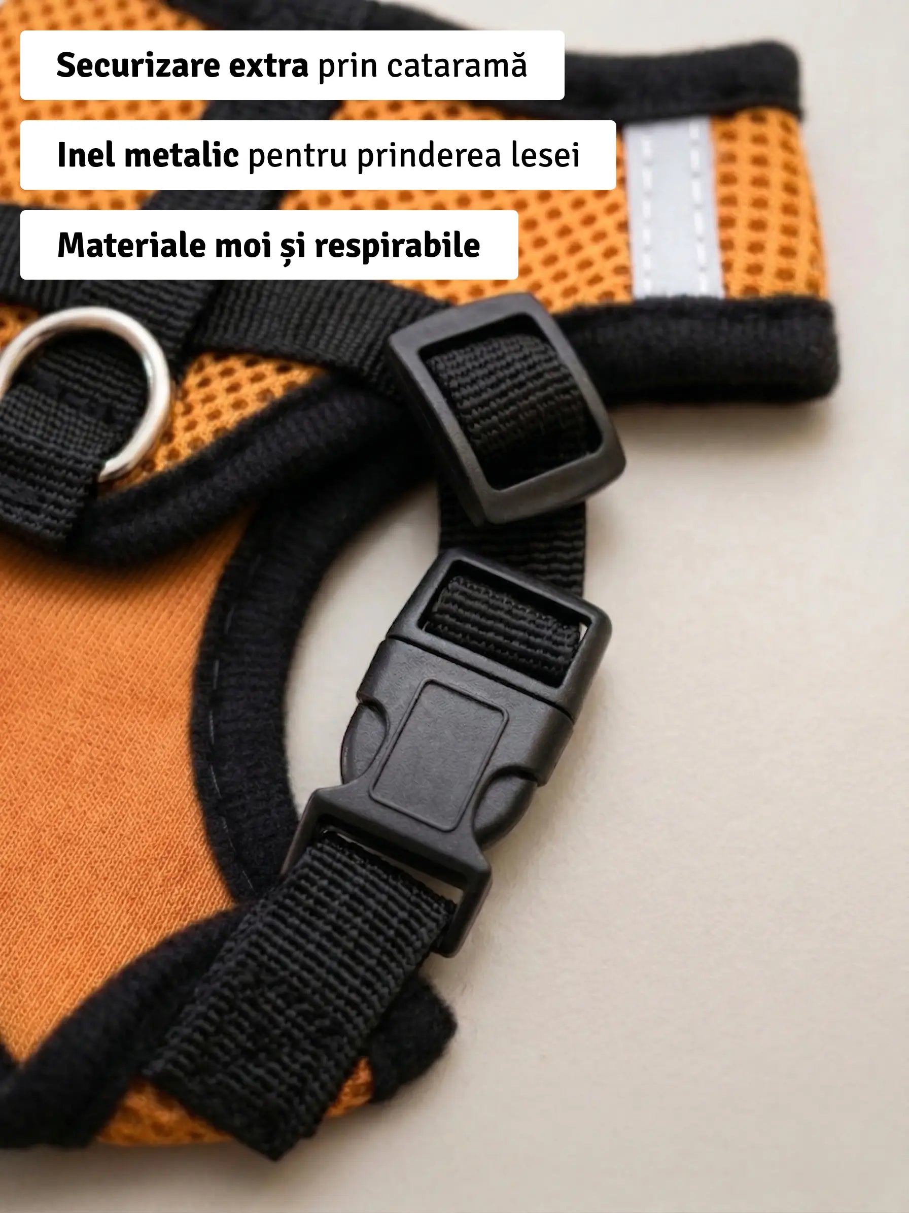 Set ham mesh respirabil pentru căței + lesă 1.5m, ajustare rapidă, galben Petora