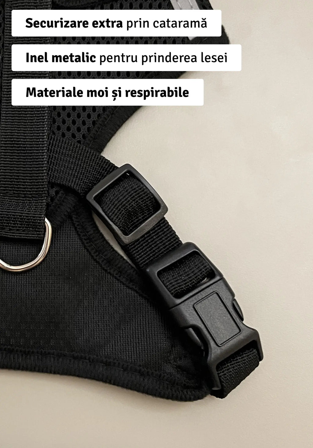 Set ham mesh respirabil pentru căței + lesă 1.5m, ajustare rapidă, negru Petora