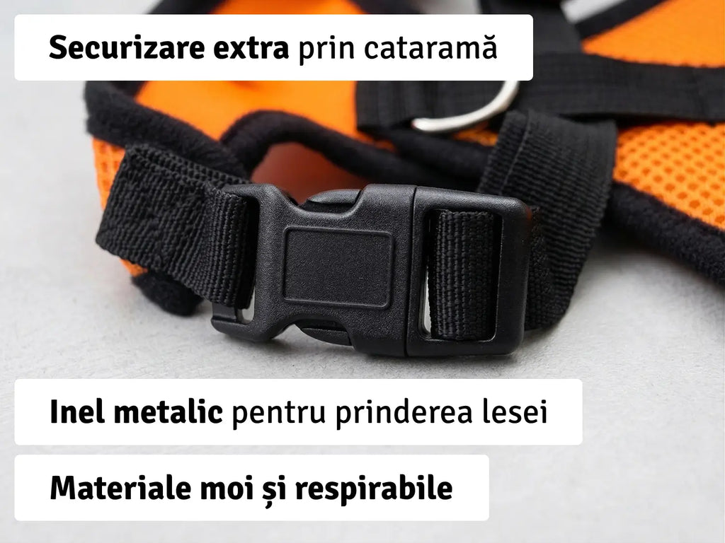 Set ham mesh respirabil pentru căței + lesă 1.5m, ajustare rapidă, portocaliu Petora