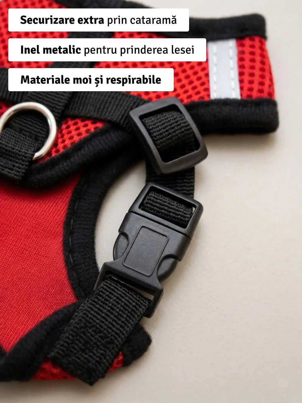 Set ham mesh respirabil pentru căței + lesă 1.5m, ajustare rapidă, roșu Petora