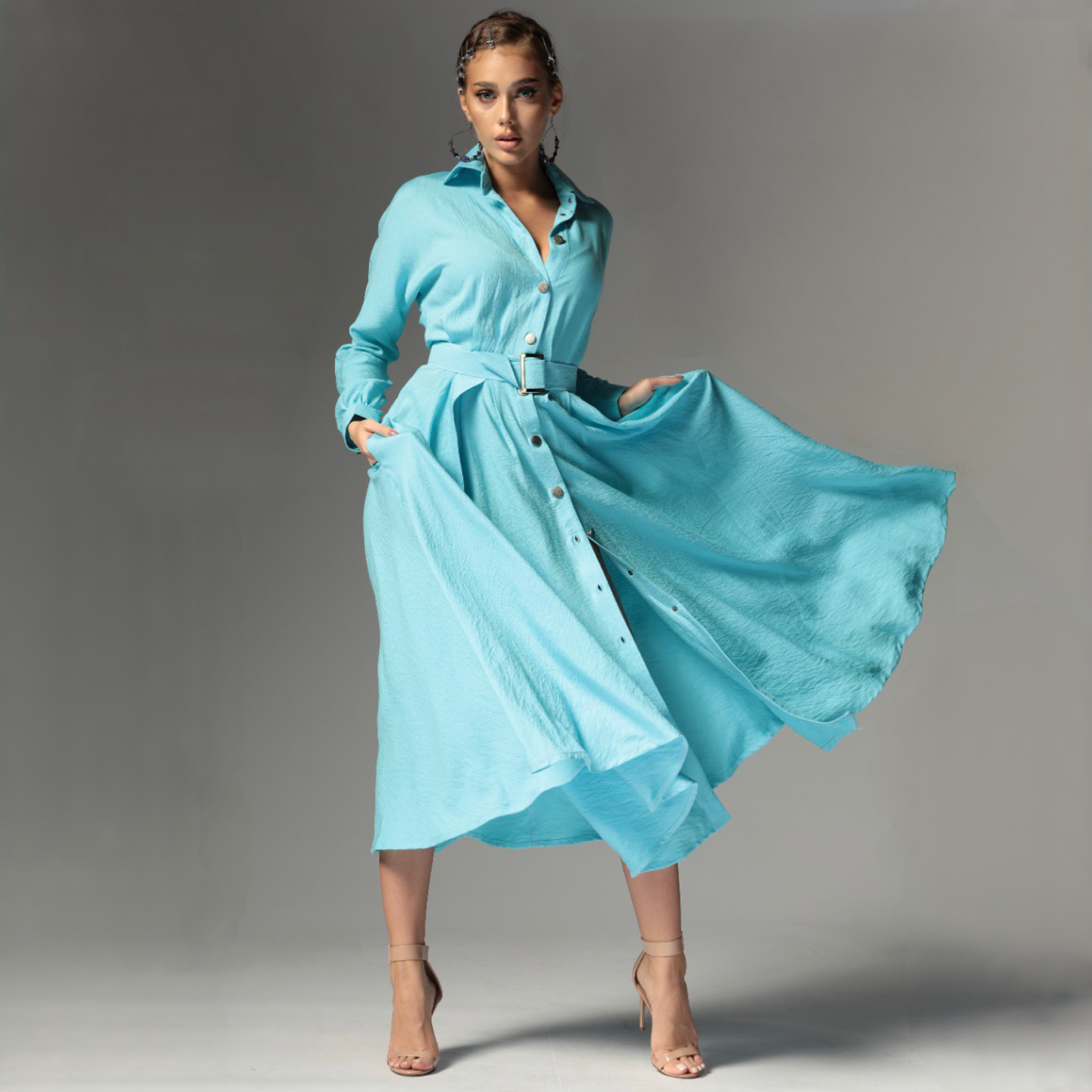 Rochie camasa bleu din in cu nasturi metalici Ingrid Baby Blue Carolina D