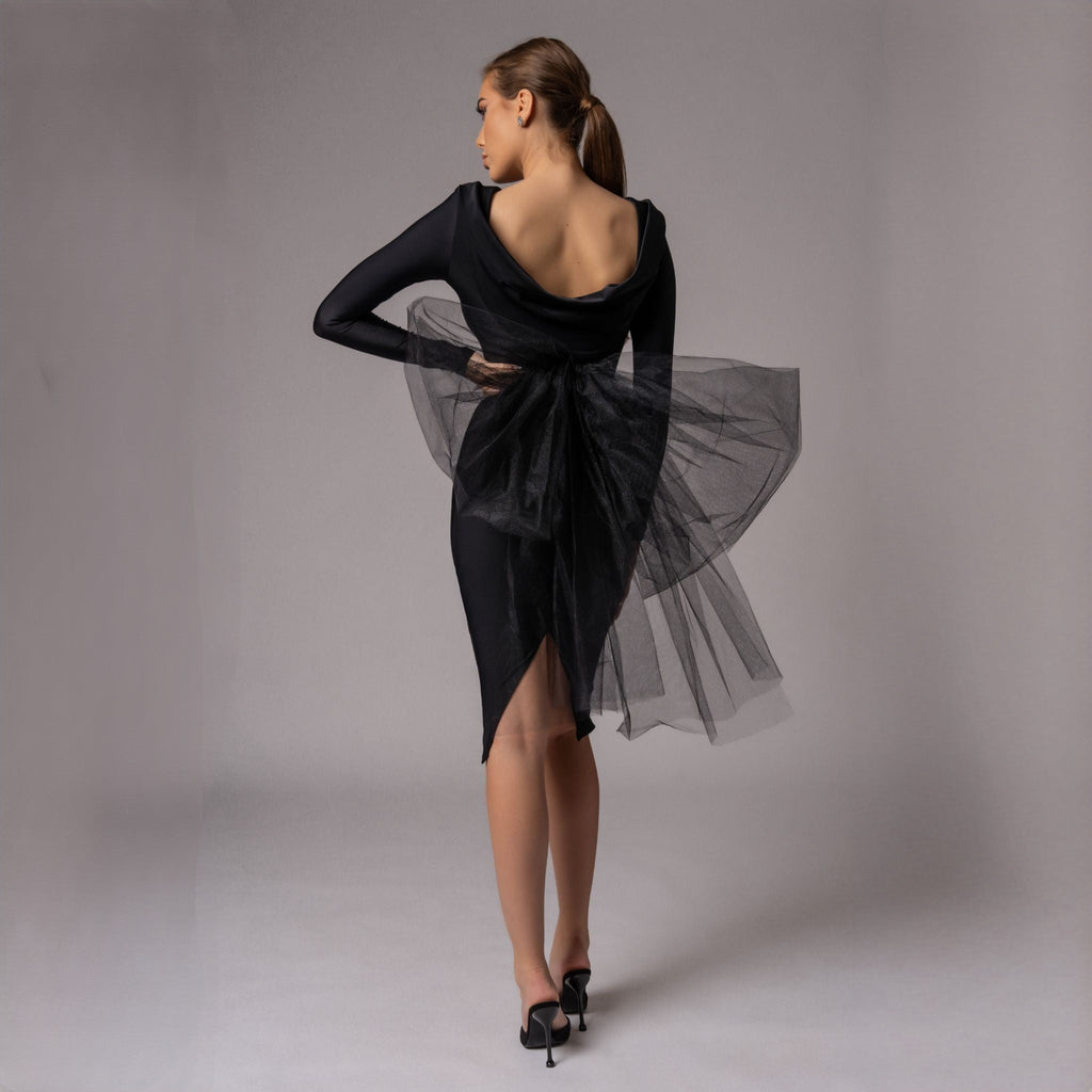 Rochie neagra midi cu funda supradimensionata din tulle Celine Carolina D