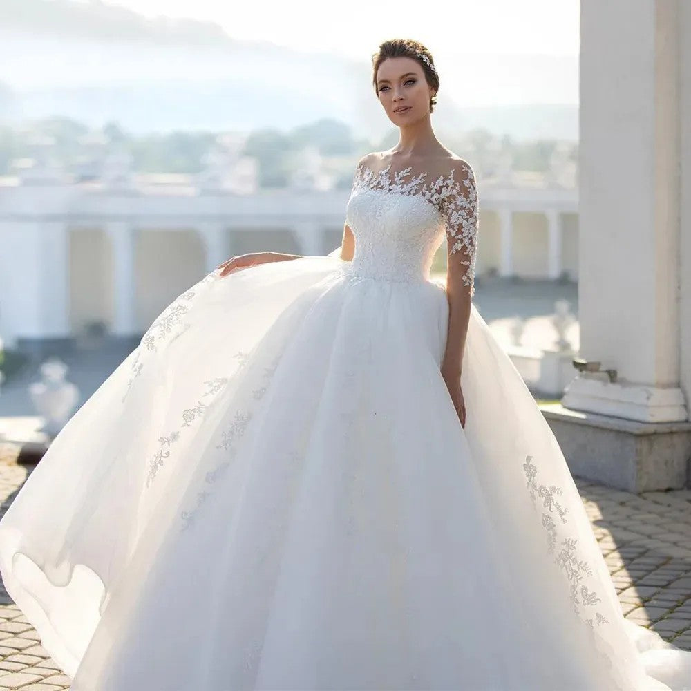Bridal Mesh Long Sleeve Embroidered Wedding Dress - Cart2u.ro