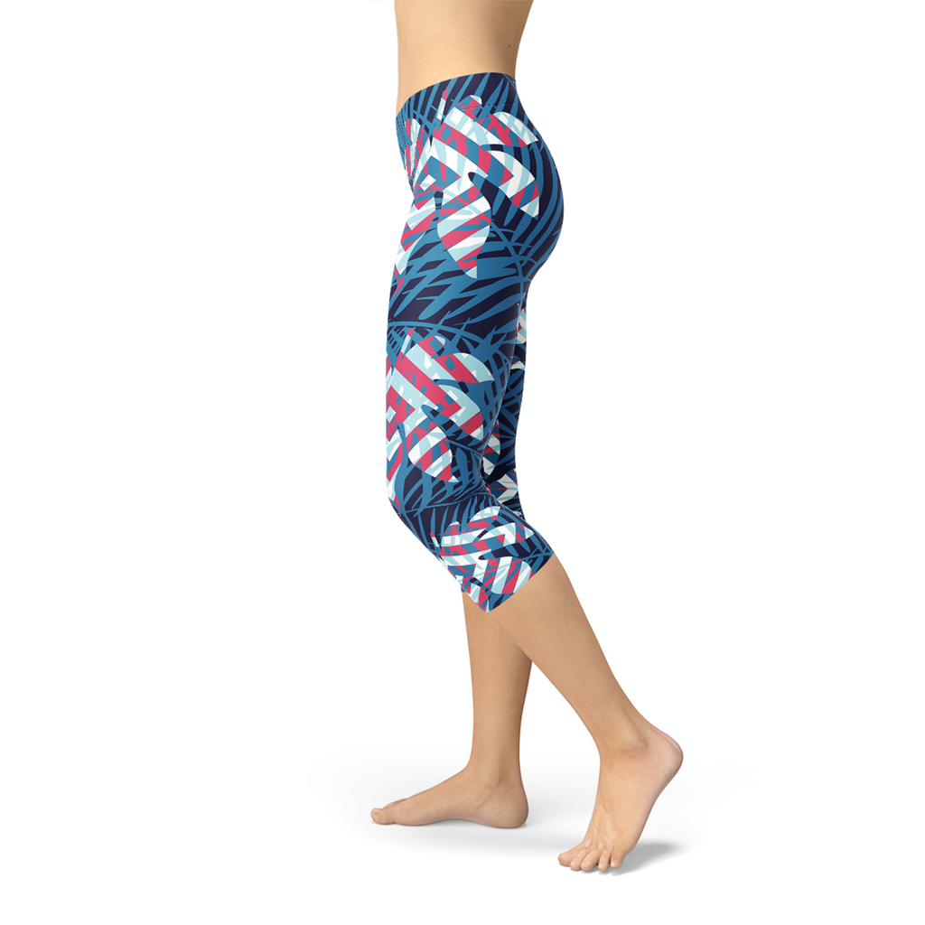 Blue Tropical Leaf Capri Leggings for Women Maroon Sooty