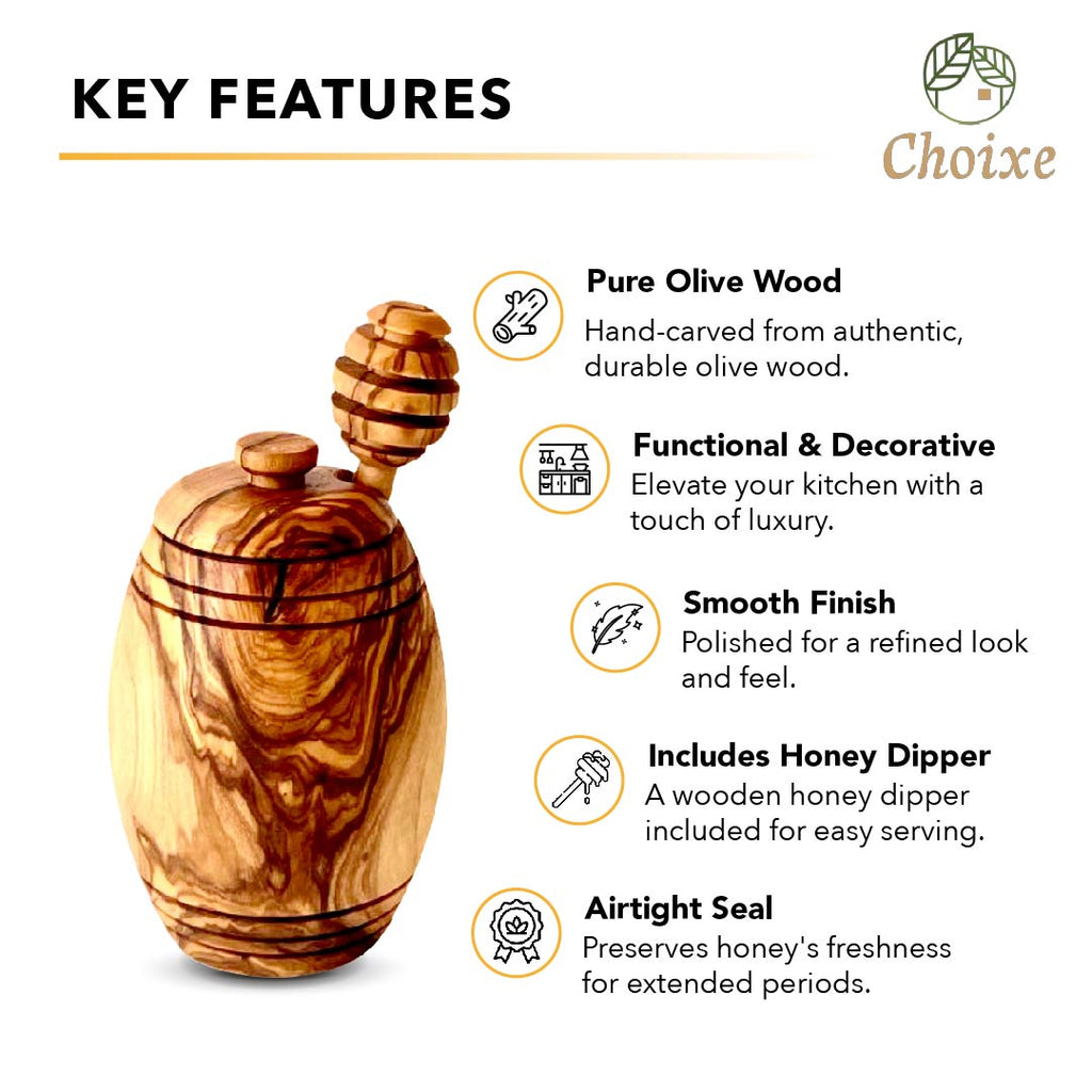 Olive Wood Honey Pot w/Honey Dipper - Cart2u.ro