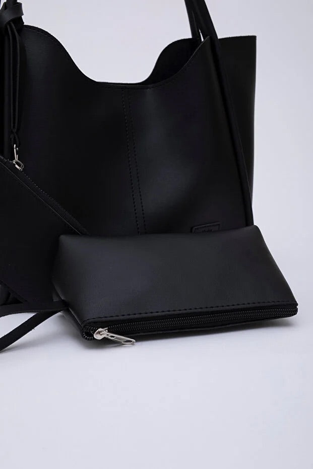 Black SHK108 faux leather women hand shoulder bag with wallet makeup - Cart2u.ro