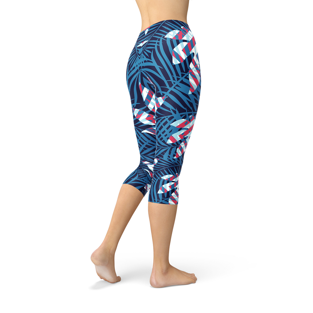 Blue Tropical Leaf Capri Leggings for Women Maroon Sooty