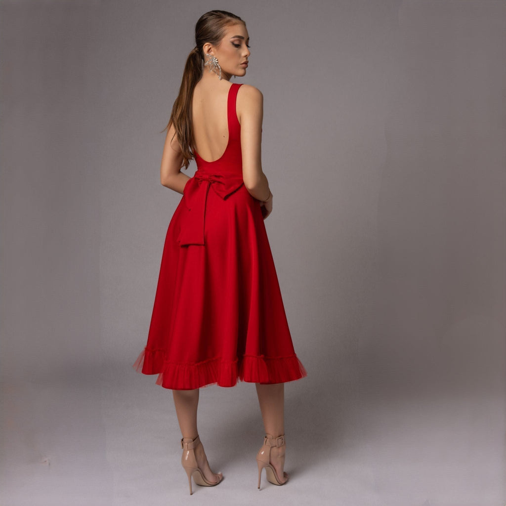 Rochie rosie cu spate gol si funda Estella Carolina D