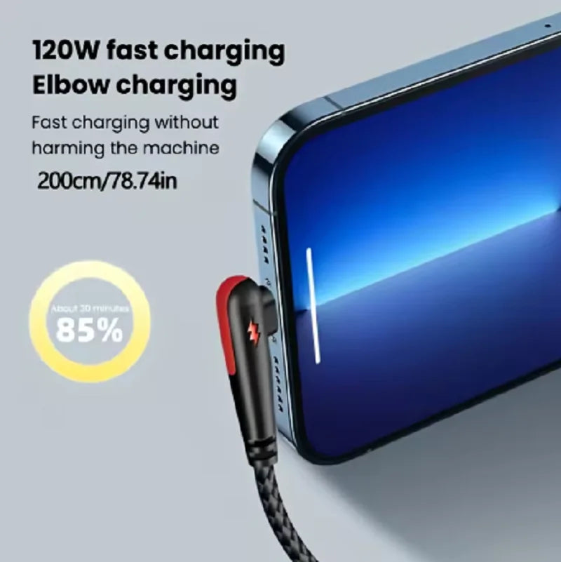 120W USB To Type-C Fast Charging Cable 90Degree Elbow Design Nylon Braided Mobile Phone Data Cord For Huawei oppo Xiaomi Samsung cart2u.ro