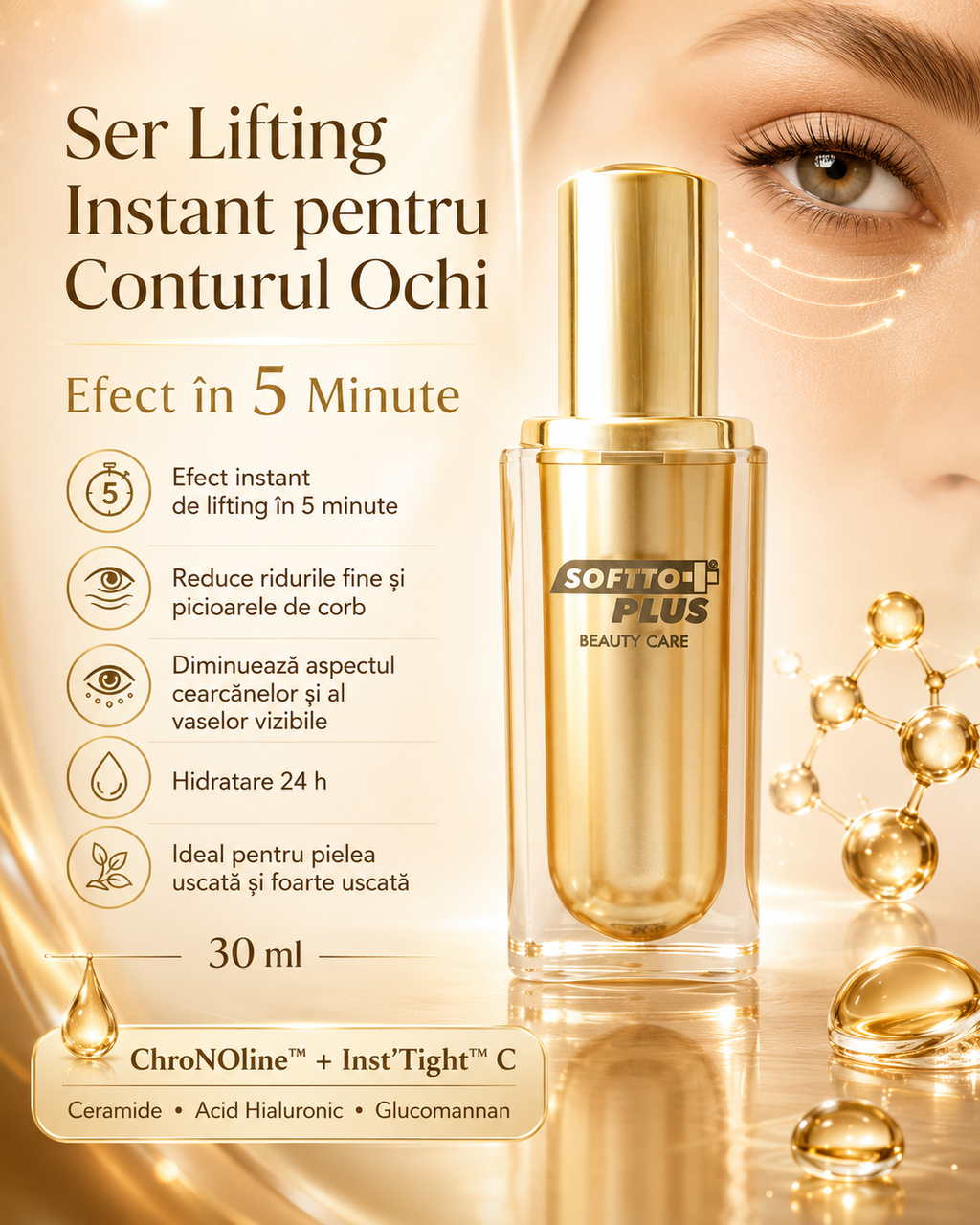 Ser Lifting Instant pentru Conturul Ochi, 30 ml – Efect în 5 Minute CRABLAND