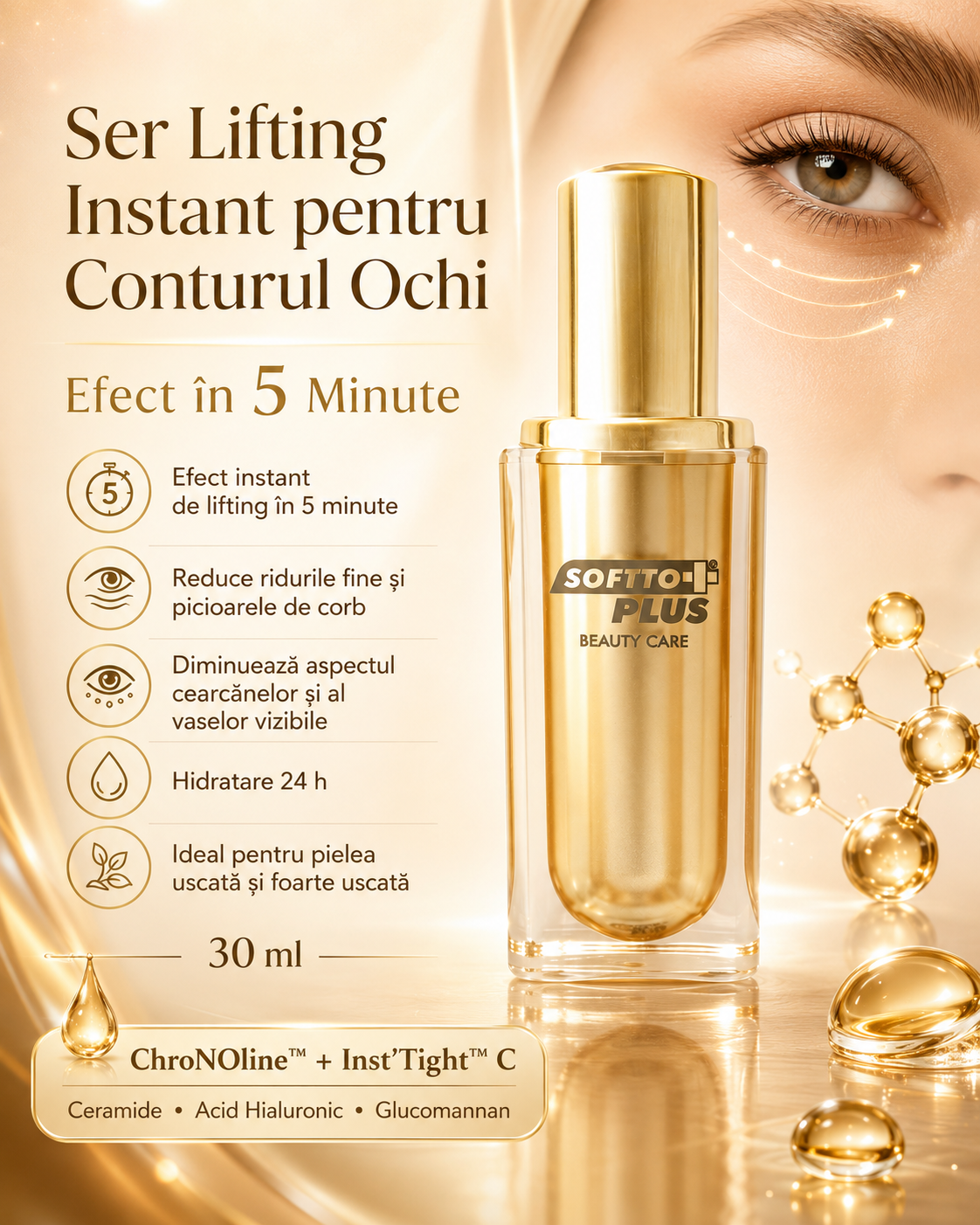 Ser Lifting Instant pentru Conturul Ochi, 30 ml – Efect în 5 Minute CRABLAND