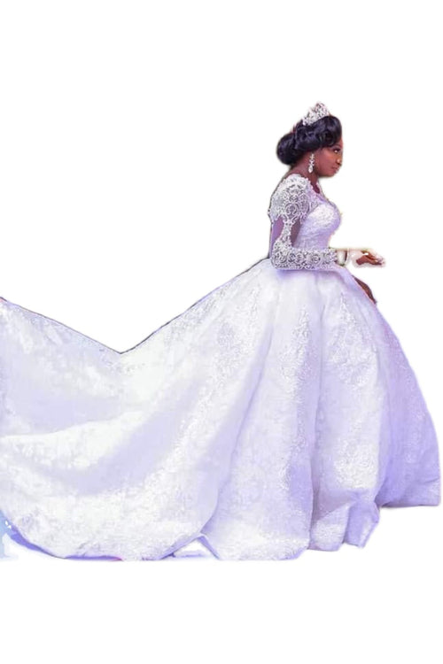 Lace African Wedding Dress Long Sleeves Round Neck Big Tail Tutu Skirt - Cart2u.ro