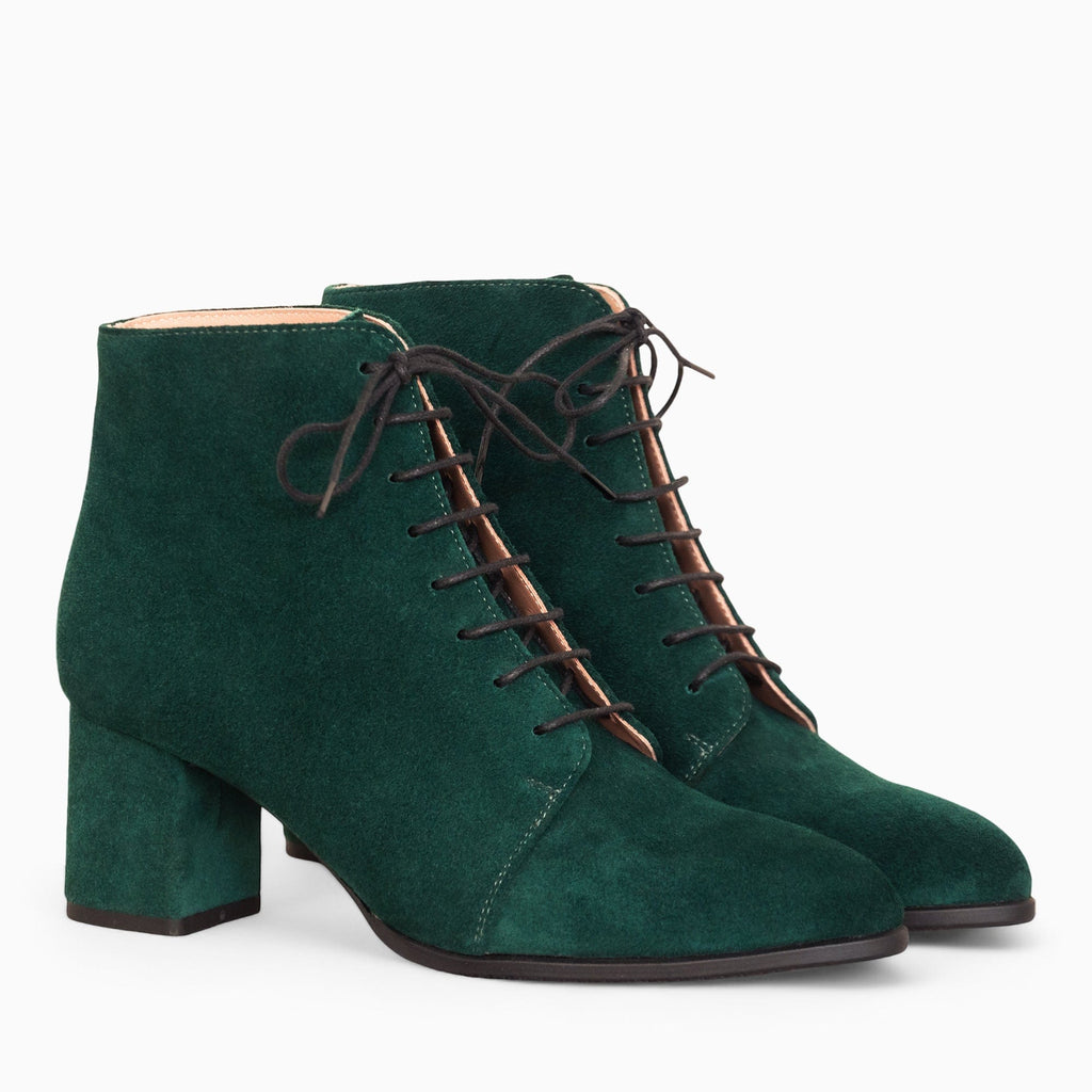 Botine cu toc comod din piele intoarsa verde Oriana Pantofi Diane Marie