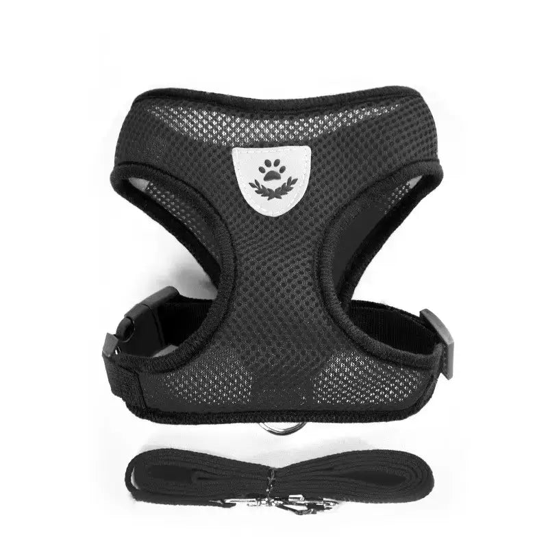 Set ham mesh respirabil pentru căței + lesă 1.5m, ajustare rapidă, negru Petora