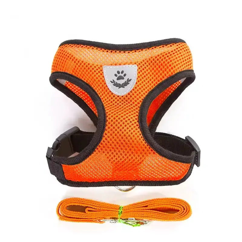 Set ham mesh respirabil pentru căței + lesă 1.5m, ajustare rapidă, portocaliu Petora