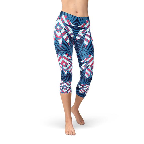 Blue Tropical Leaf Capri Leggings for Women Maroon Sooty