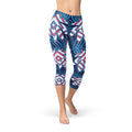 Blue Tropical Leaf Capri Leggings for Women Maroon Sooty