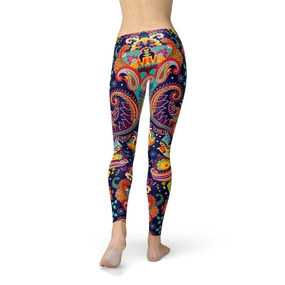 Colanți de damă ornamentali cu model Paisley albaștri