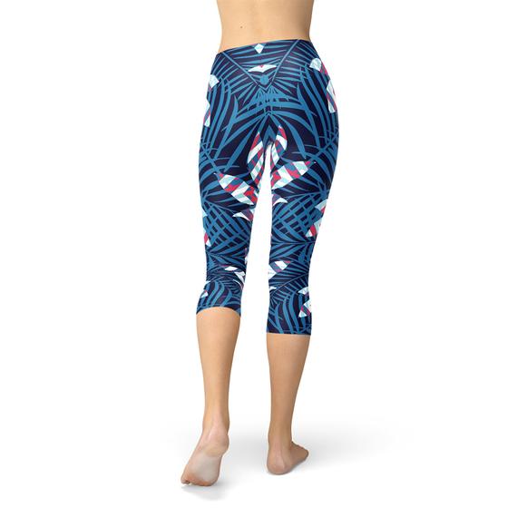 Blue Tropical Leaf Capri Leggings for Women Maroon Sooty