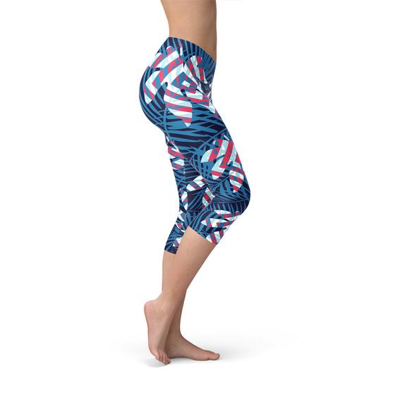 Blue Tropical Leaf Capri Leggings for Women Maroon Sooty
