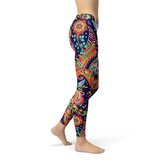 Colanți de damă ornamentali cu model Paisley albaștri