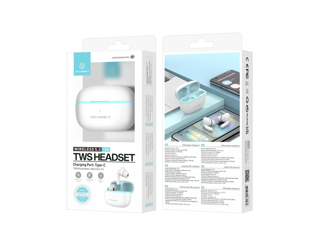 Techancy Auriculares TWS KP2714 Bluetooth 5.3 ligação 10m USB-C 4h de
