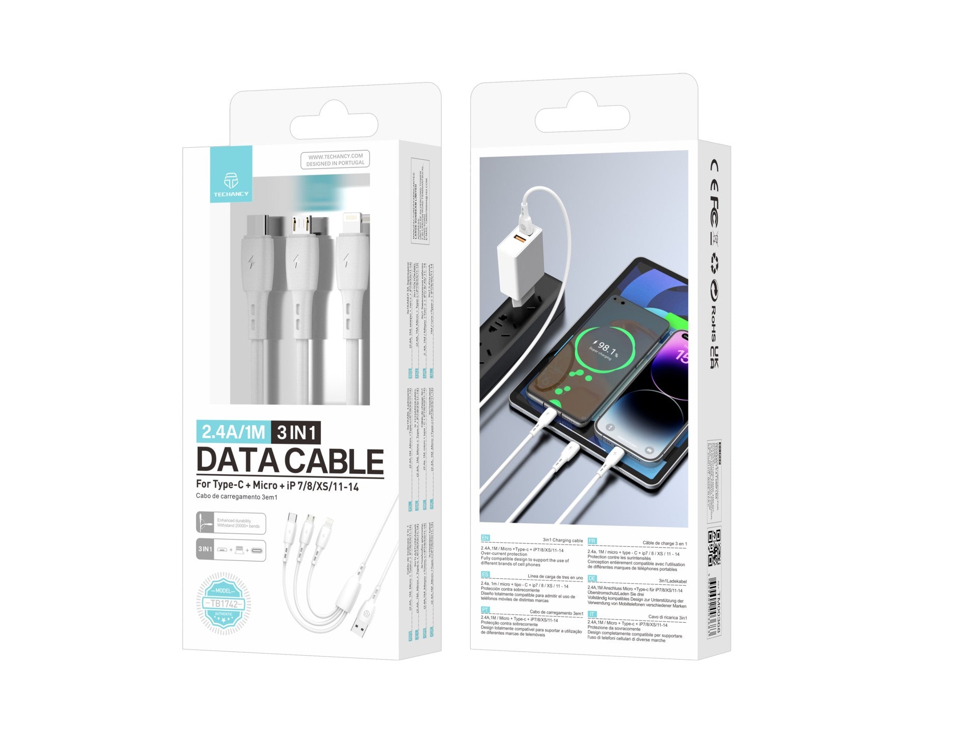 Techancy Cabo 3 em 1 TB1742, 2.4A, 1m Branco, USB-C/Micro/Lightning,