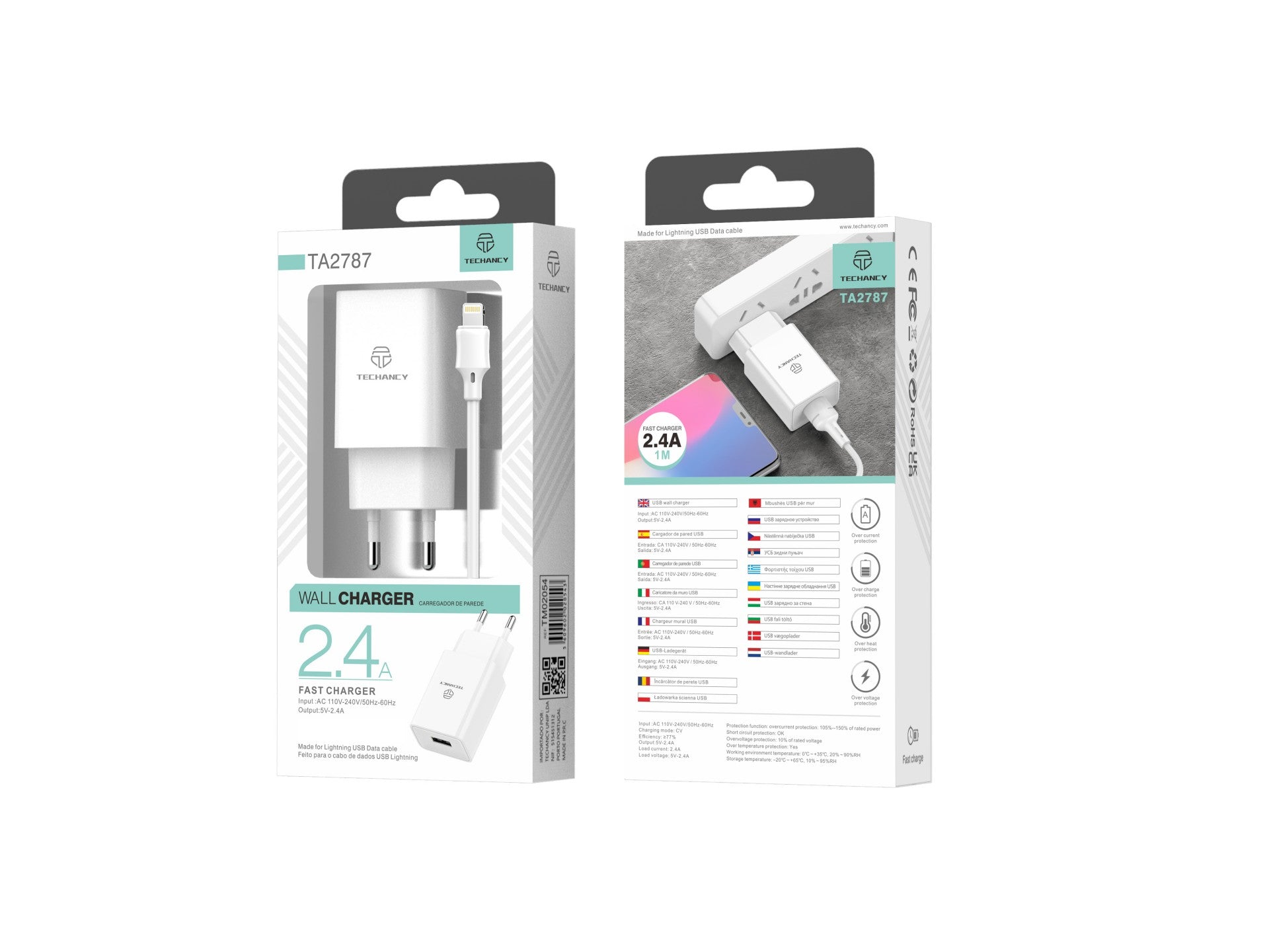 Încărcător de telefon Techancy alb TA2787, Ieșire USB 5v-2.4a