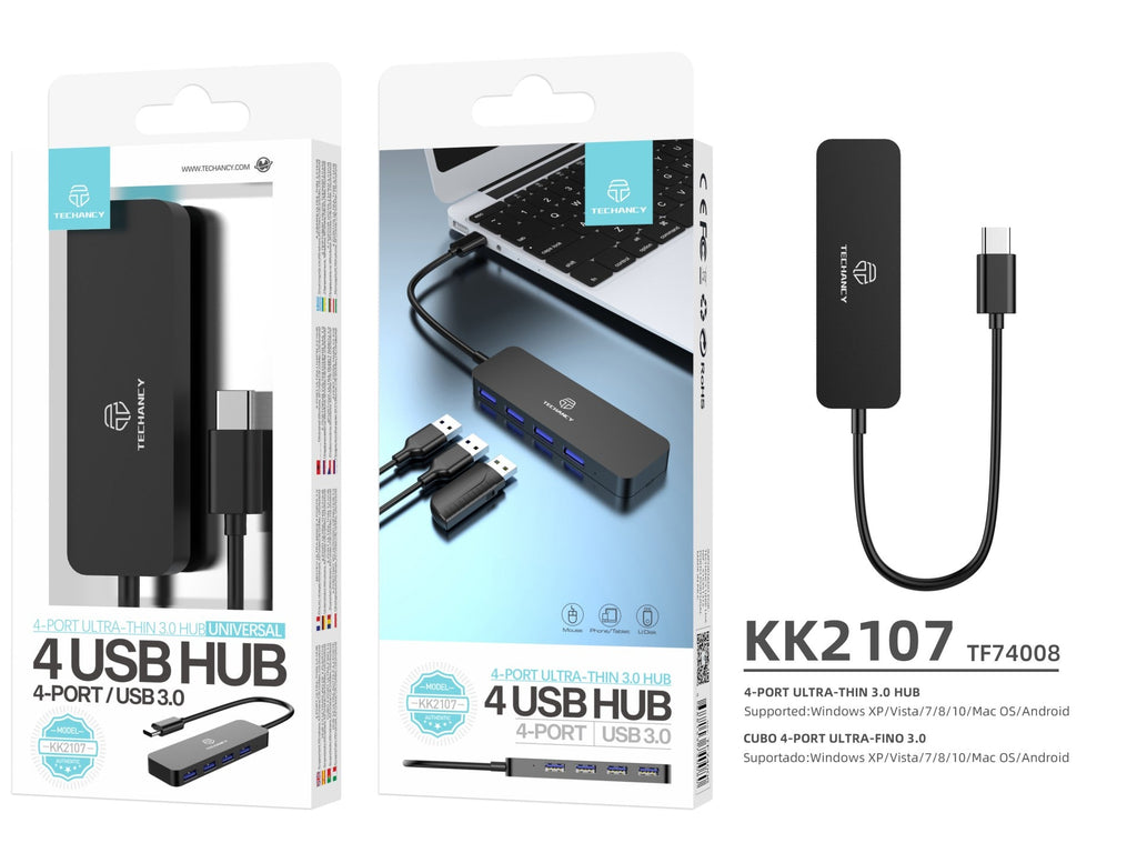 Hub Techancy Tipo C para USB 3.0, KK2107, expansor USB 4 em 1, preto