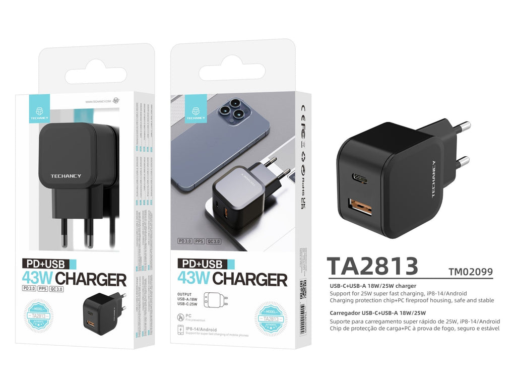 Techancy Carregador Rápido 43w Preto  TA2813, Porta Dupla Pd+Usb,