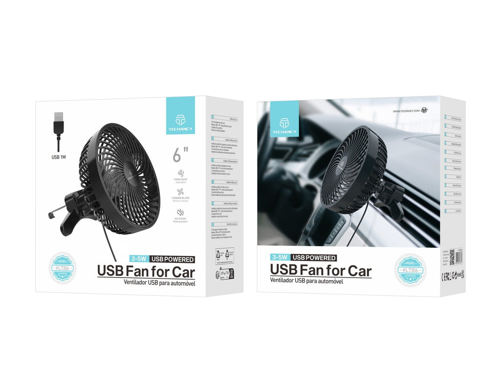 Techancy Ventilador De Carro Usb Preto KL7306, 6 Polegadas, Fluxo De