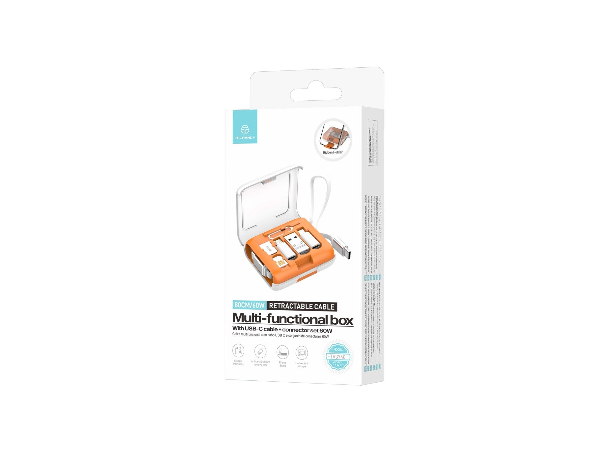 Techancy Caixa Multifuncional TV3740 Cabo USB-C Retratil 80CM 60W