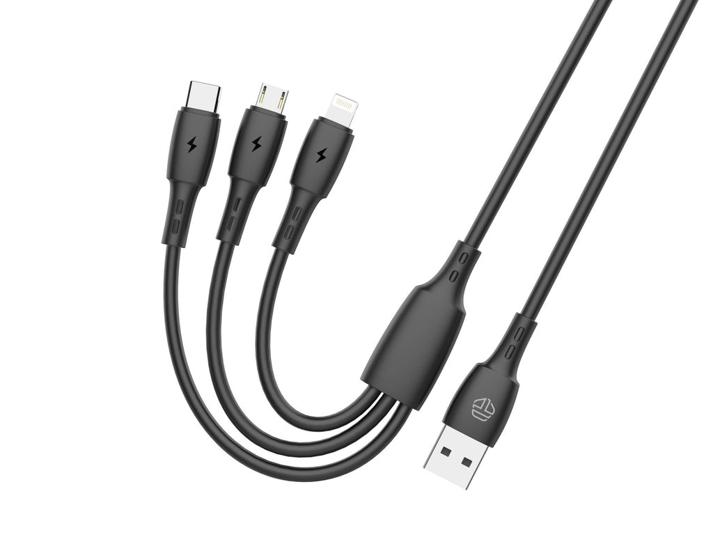 Cablu 3 în 1 Techancy TB1742, 2.4A, 1m Negru, USB-C/Micro/Lightning,