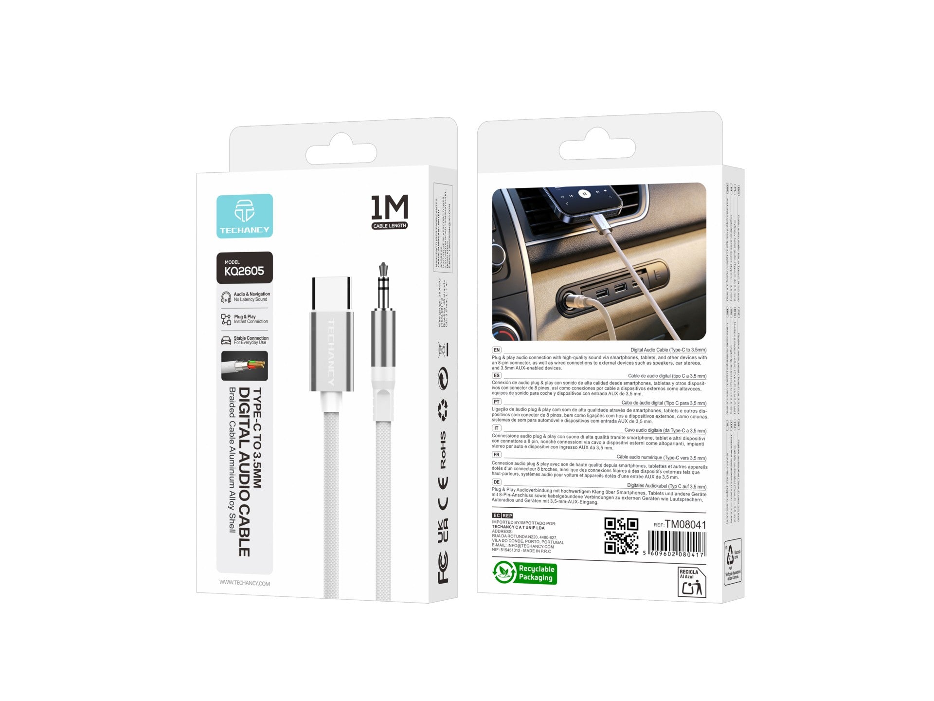 Techancy Cabo Audio Digital KQ2605 Type-C para 3.5mm, 1M, Trancado,