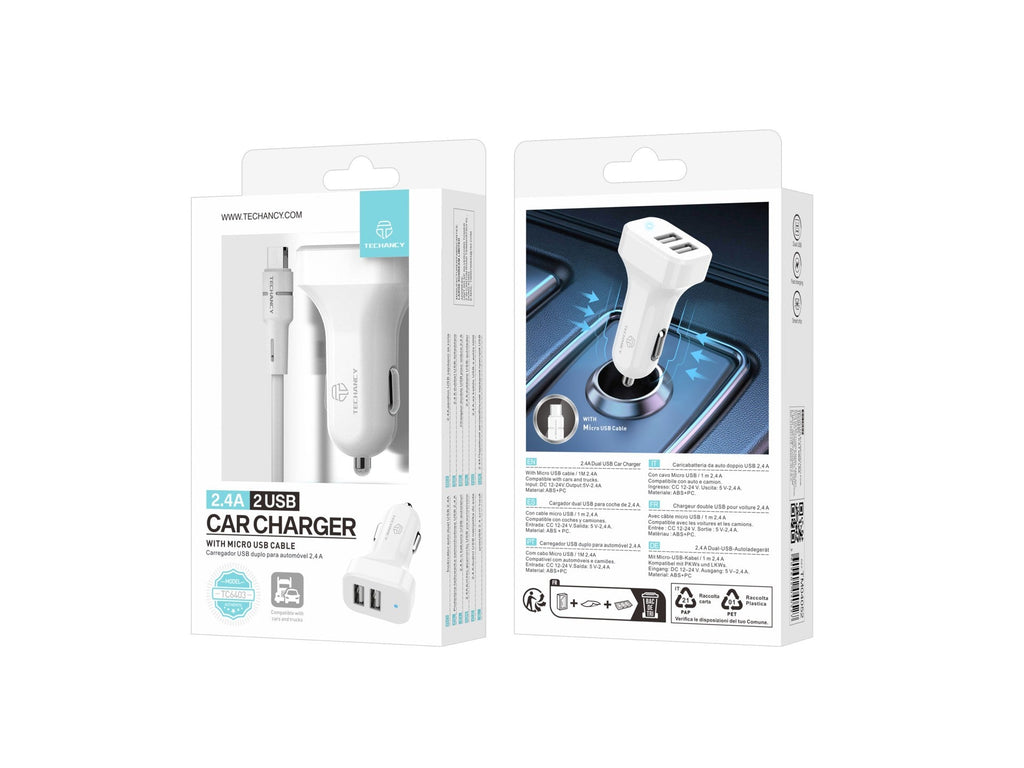 Techancy TC6403 Carregador de Carro Duplo USB 2.4A com Cabo Micro USB