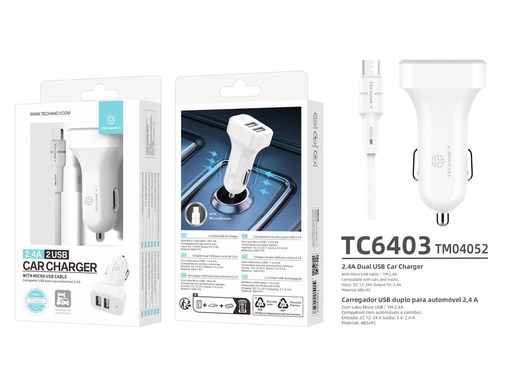 Techancy TC6403 Carregador de Carro Duplo USB 2.4A com Cabo Micro USB
