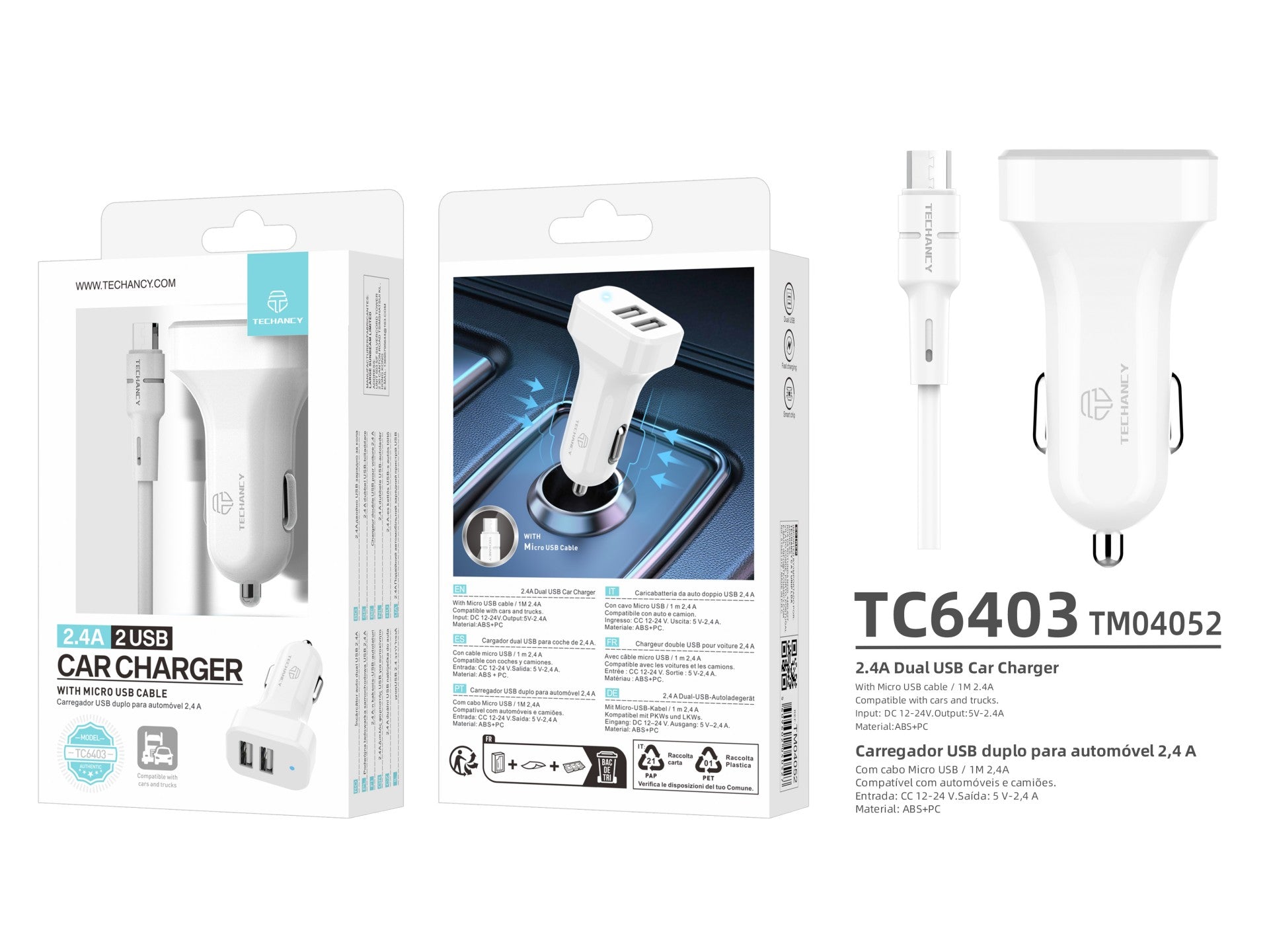 Techancy TC6403 Carregador de Carro Duplo USB 2.4A com Cabo Micro USB