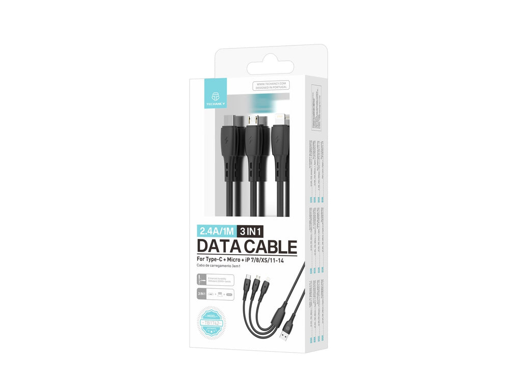 Cablu 3 în 1 Techancy TB1742, 2.4A, 1m Negru, USB-C/Micro/Lightning,