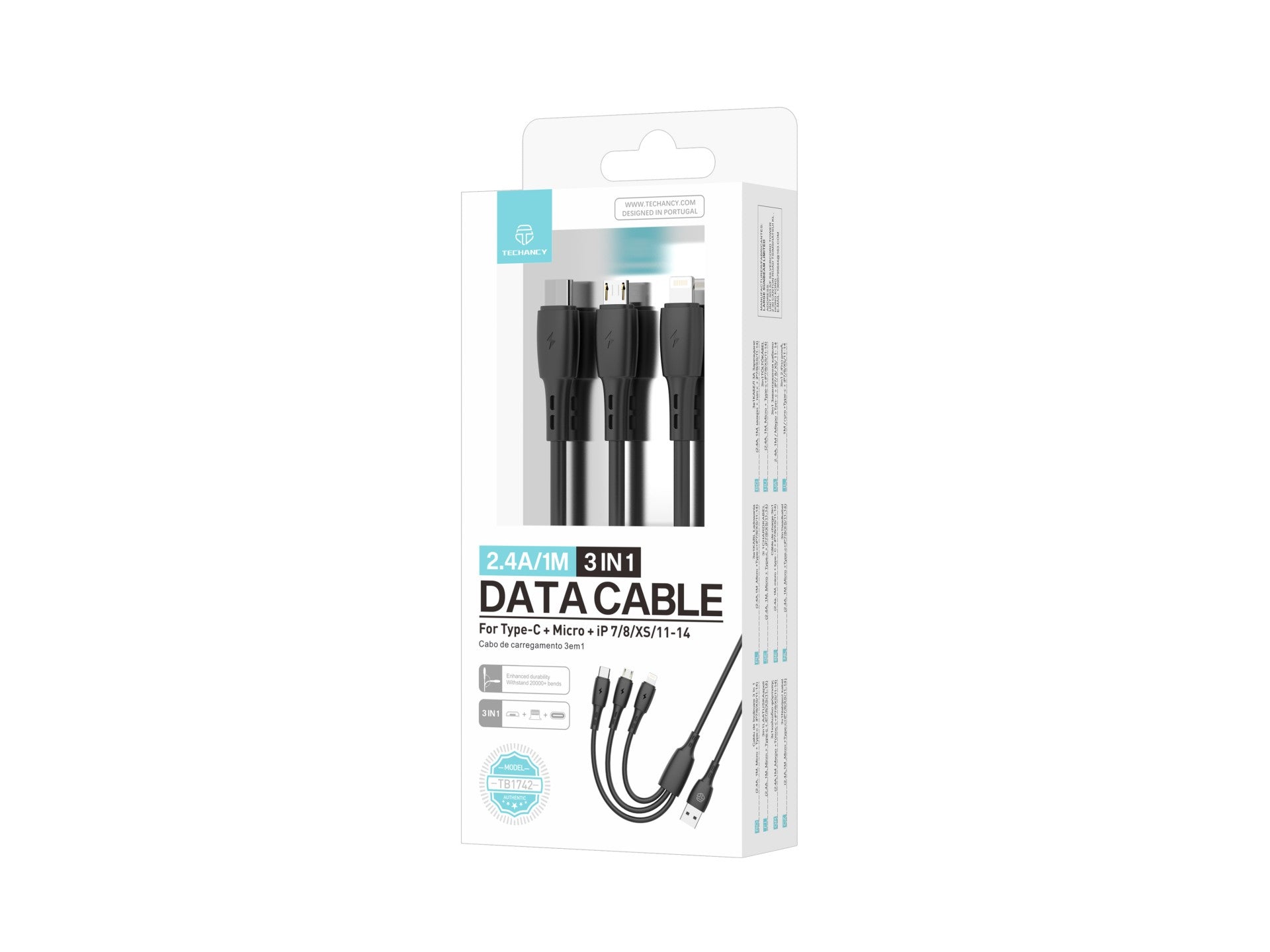 Cablu 3 în 1 Techancy TB1742, 2.4A, 1m Negru, USB-C/Micro/Lightning,