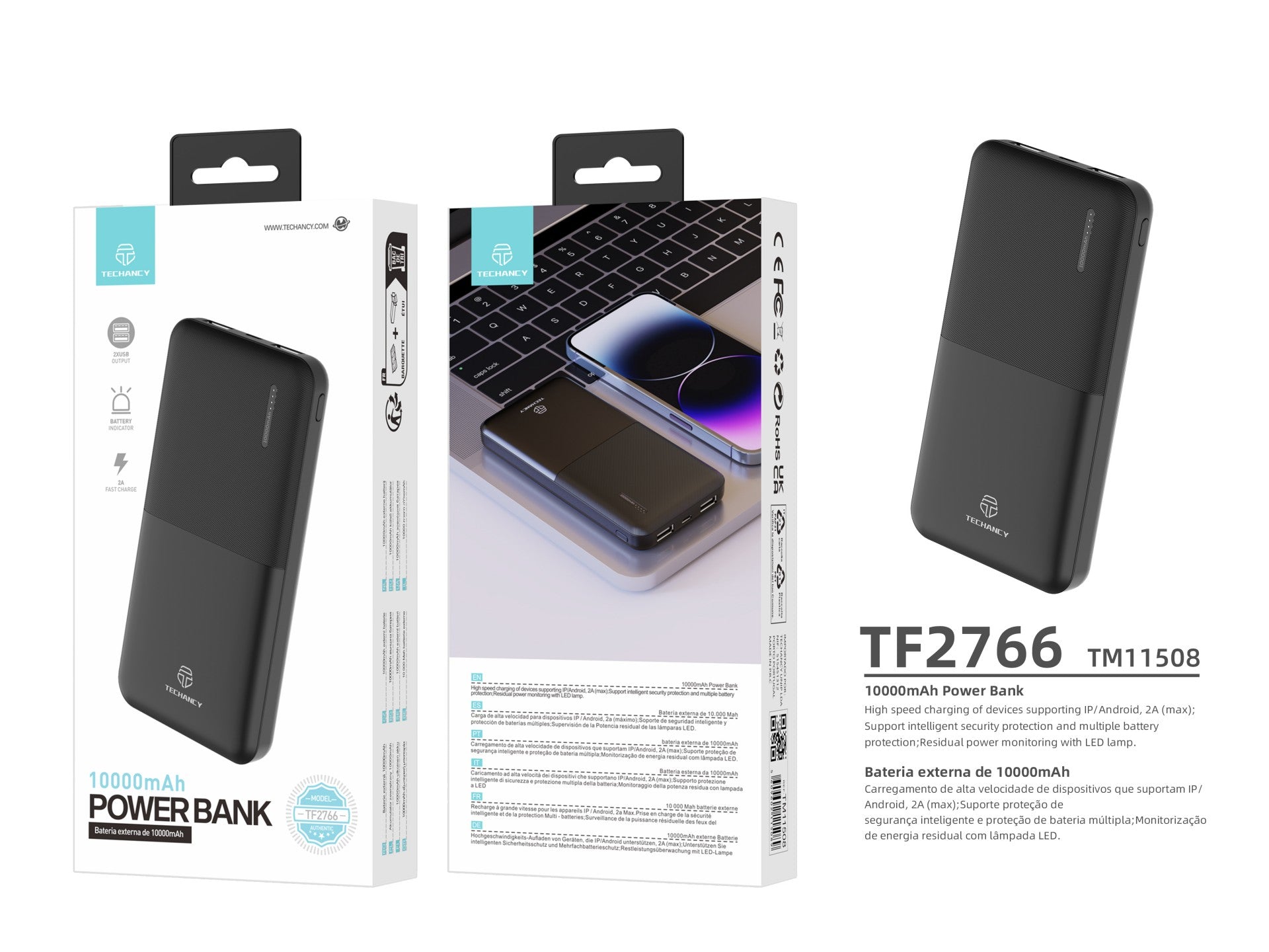 Techancy 10000mah Power Bank Preto TF2766，Carregamento Rápido De 2a, 2