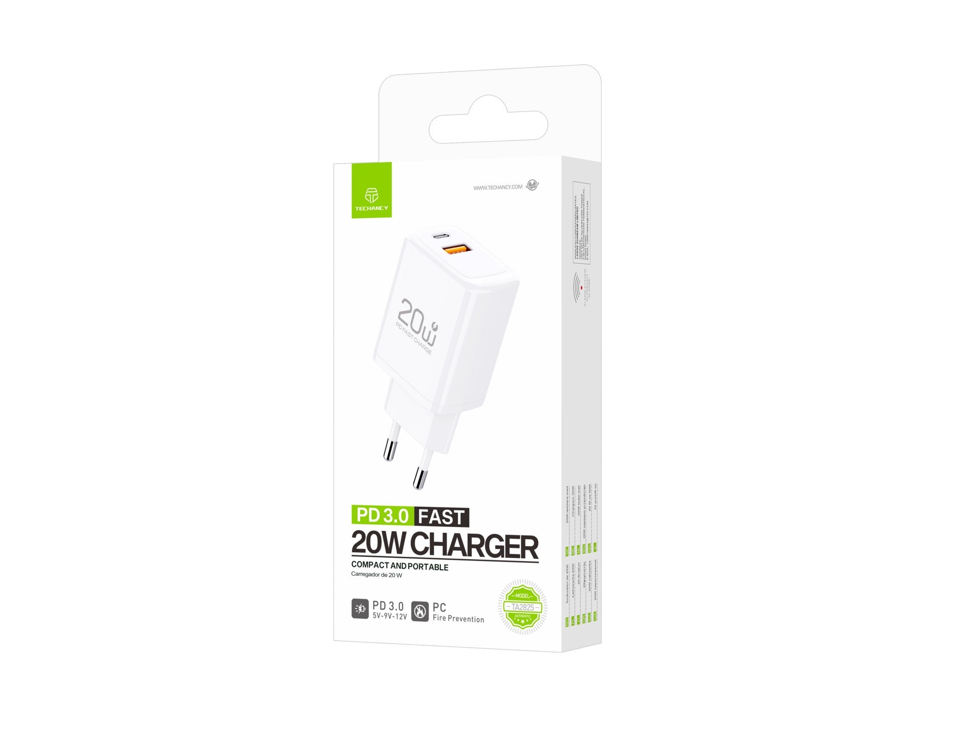 Techancy Carregador TA2825 PD3.0 20W com Duas Portas USB-C e USB-A