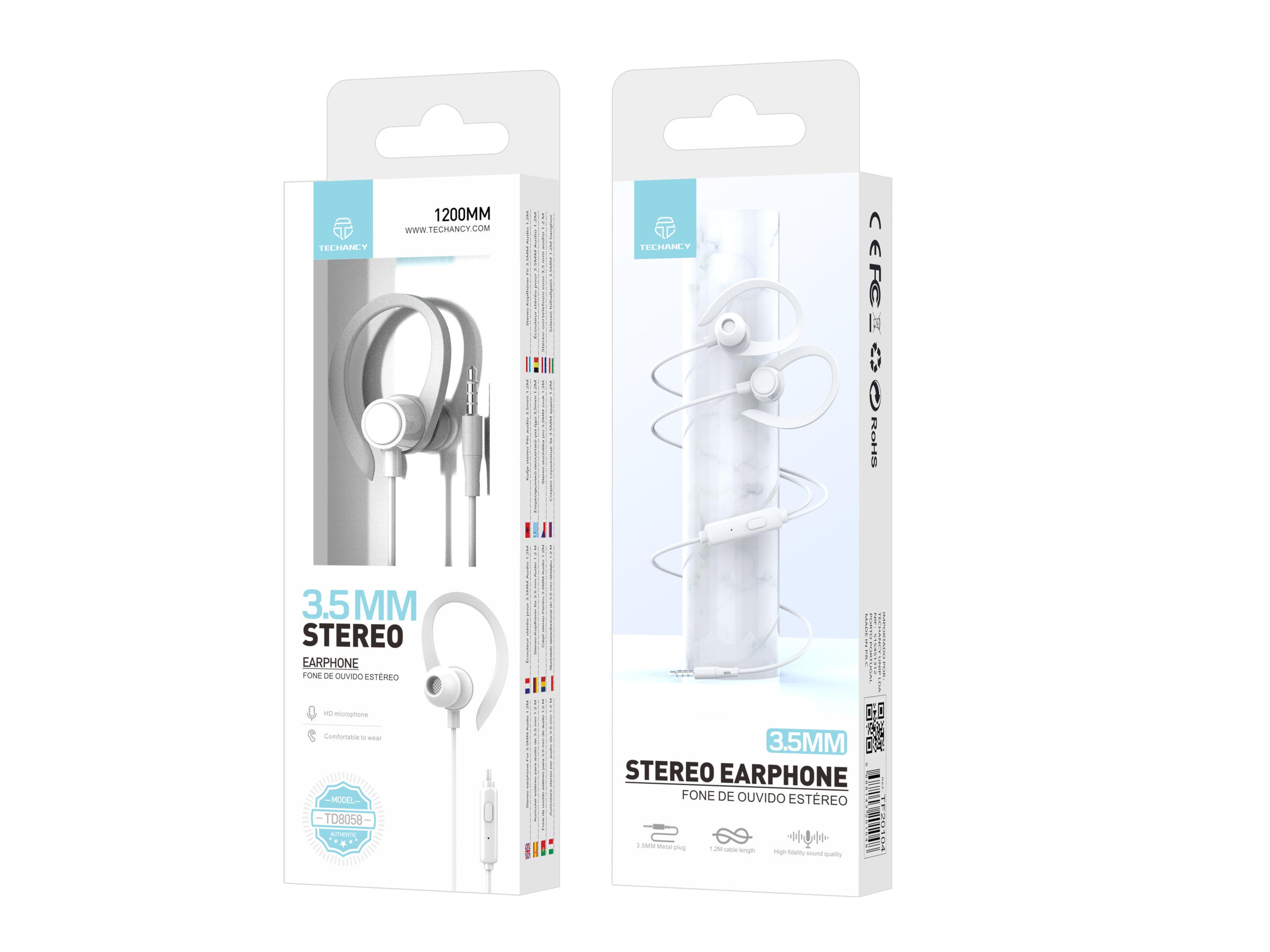 Techancy Auriculares stereo 3.5MM TD8058 cabo 1.2M com microfone