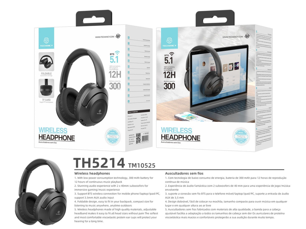Techancy Auscultadores Sem Fios TH5214, Reprodução De Música 12h,
