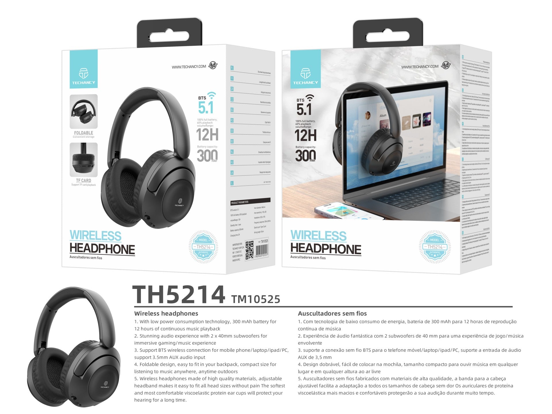Techancy Auscultadores Sem Fios TH5214, Reprodução De Música 12h,