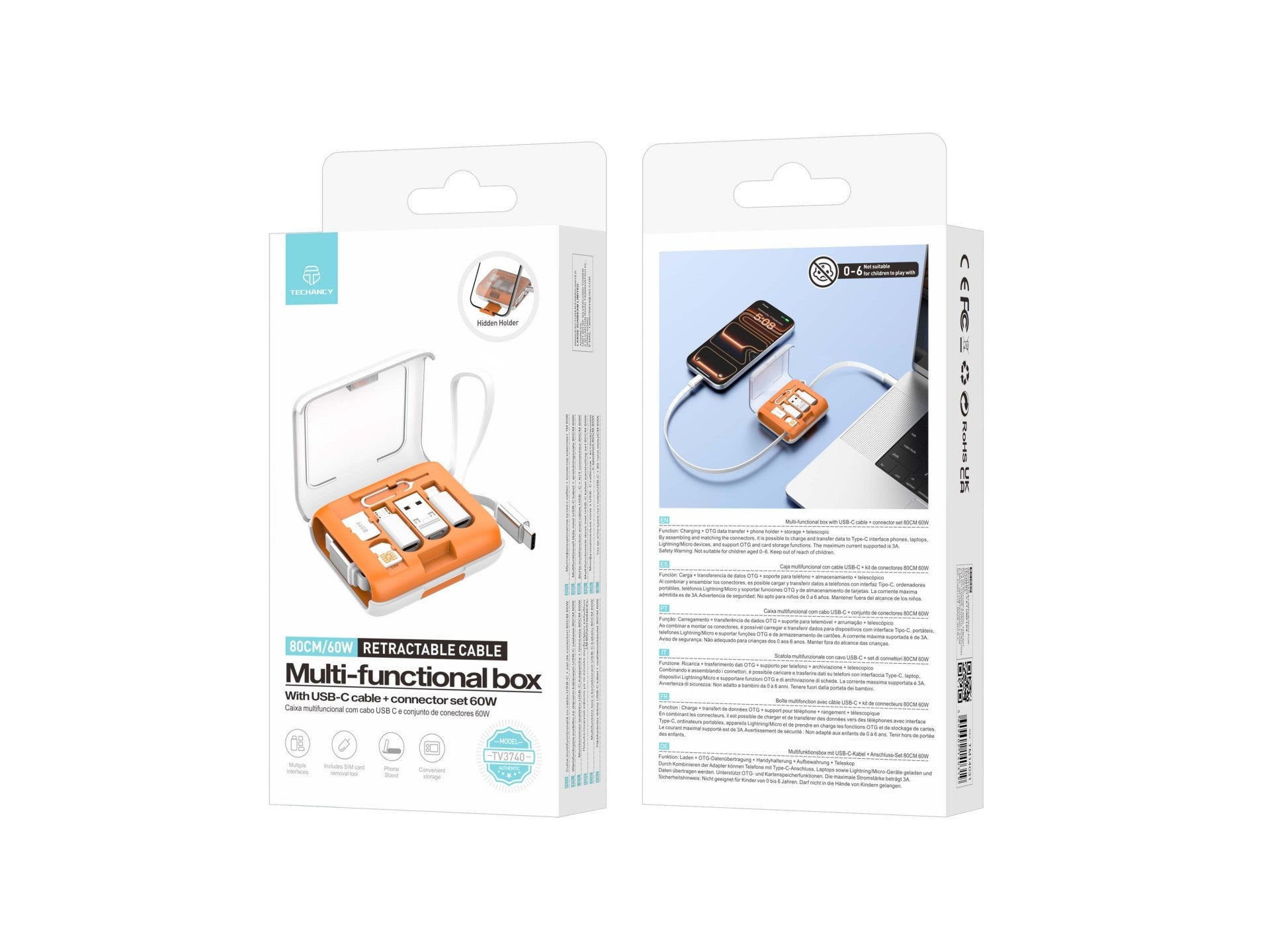 Techancy Caixa Multifuncional TV3740 Cabo USB-C Retratil 80CM 60W