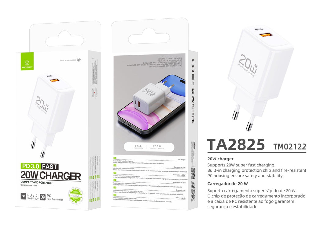 Techancy Carregador TA2825 PD3.0 20W com Duas Portas USB-C e USB-A