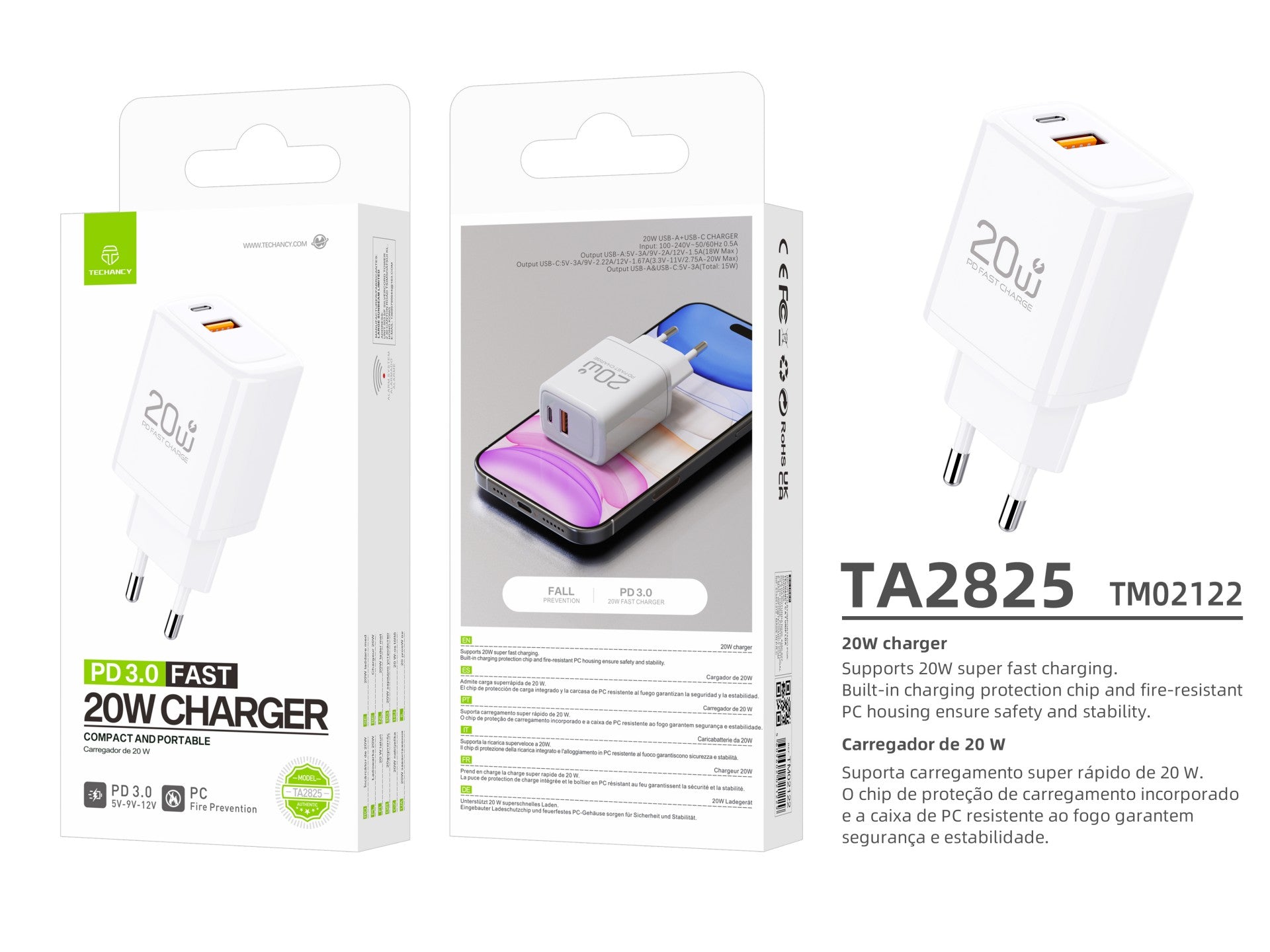 Techancy Carregador TA2825 PD3.0 20W com Duas Portas USB-C e USB-A