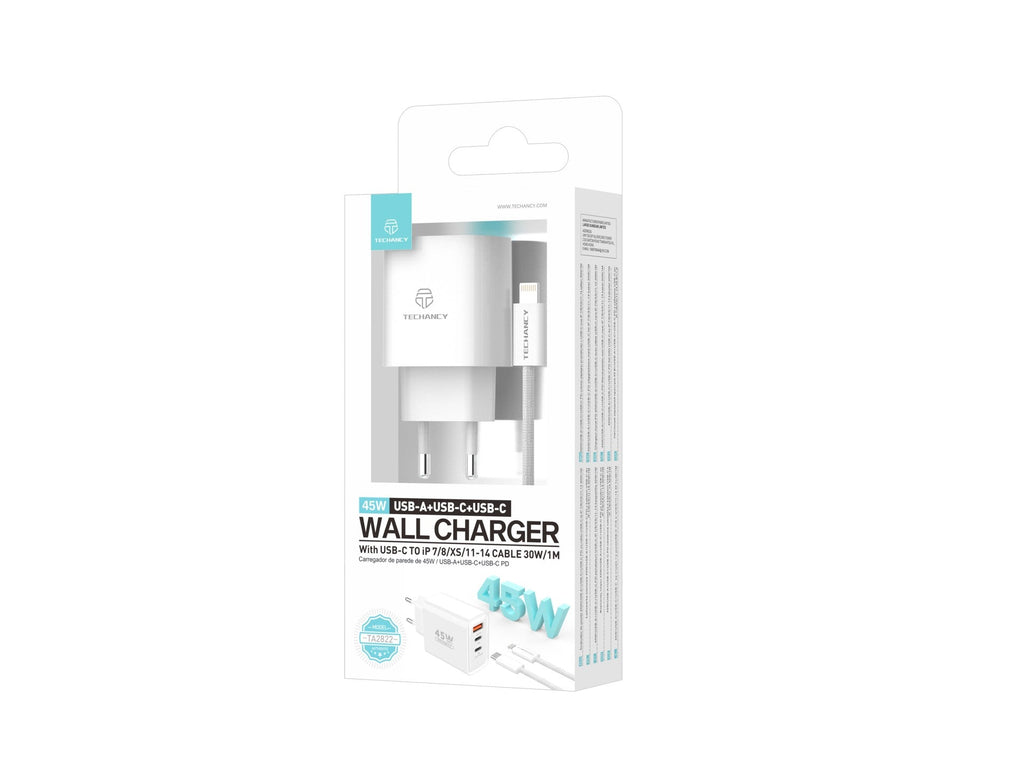 Techancy Încărcător USB-A+USB-C+USB-C TA2822, 45W PD, cu Cablu USB-C