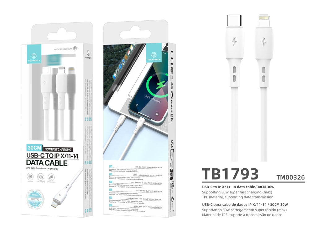 Techancy Cabo De Dados USB C to Lightning Branco TB1778, Carregamento