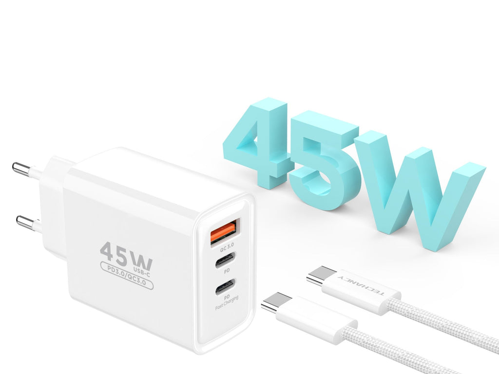 Techancy Carregador USB-A+USB-C+USB-C TA2822, 45W PD, com Cabo USB-C